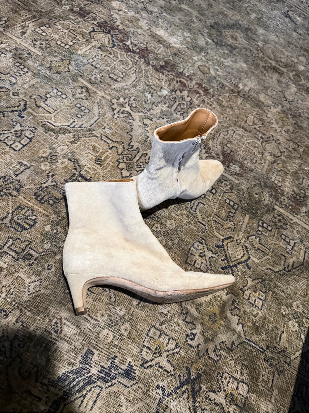 STAUD Cream Pointed Kitten Heel Ankle Boots